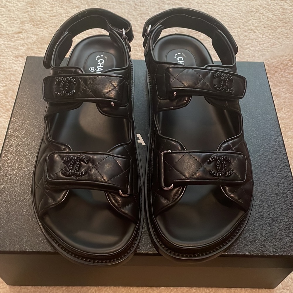 New in Box with dustbags CHANEL Dad Sandals Size 38.5 Black Lambskin